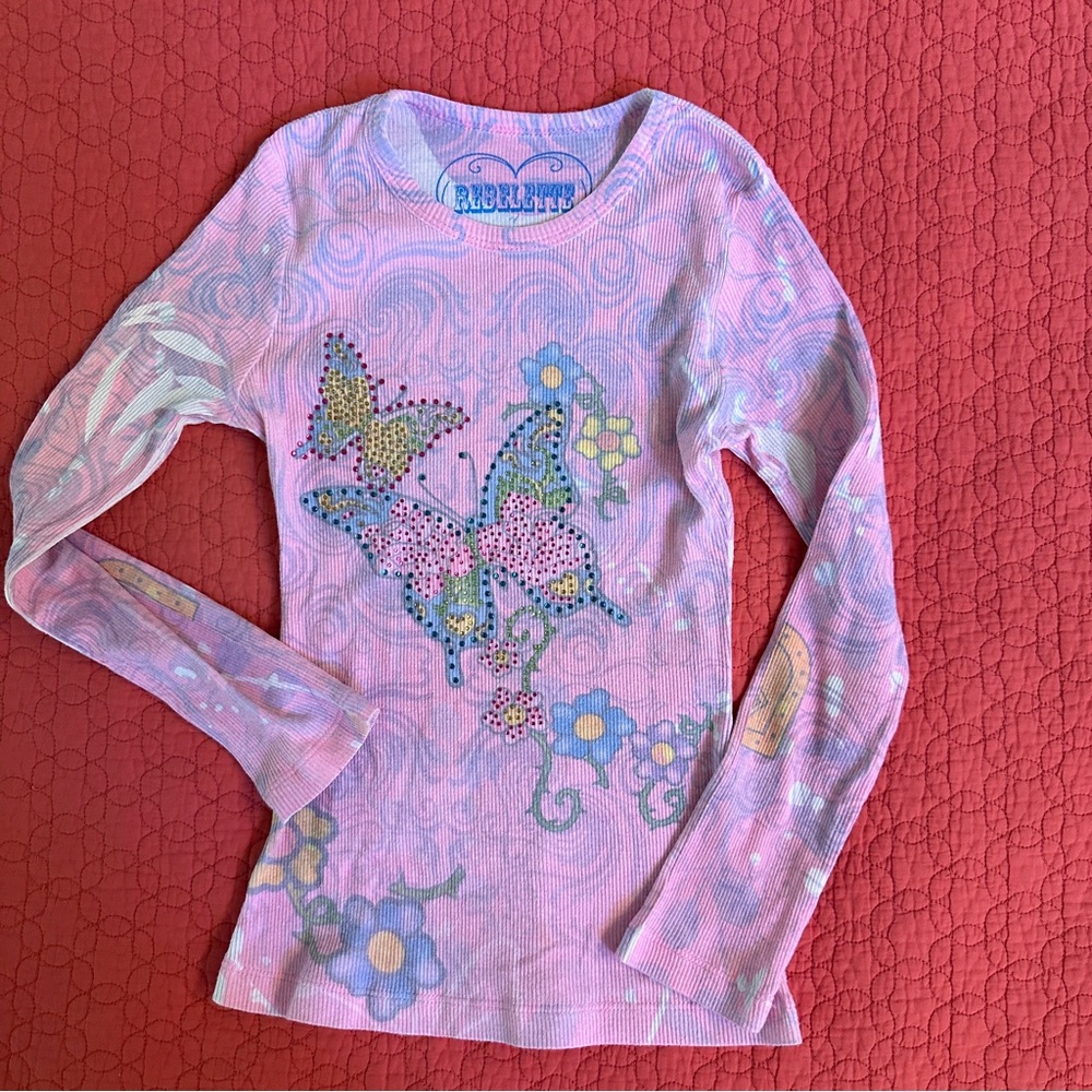 Rebelette Los Angeles Girls Sz S LS Pink Butterfly Top